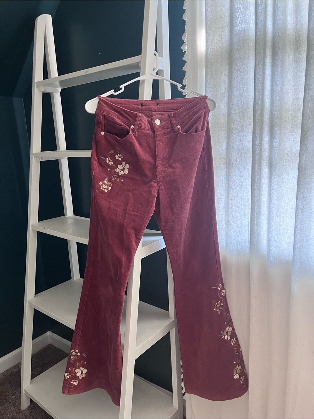 Forever 21 Floral Embroidered Corduroy Flare Jeans - Wine
